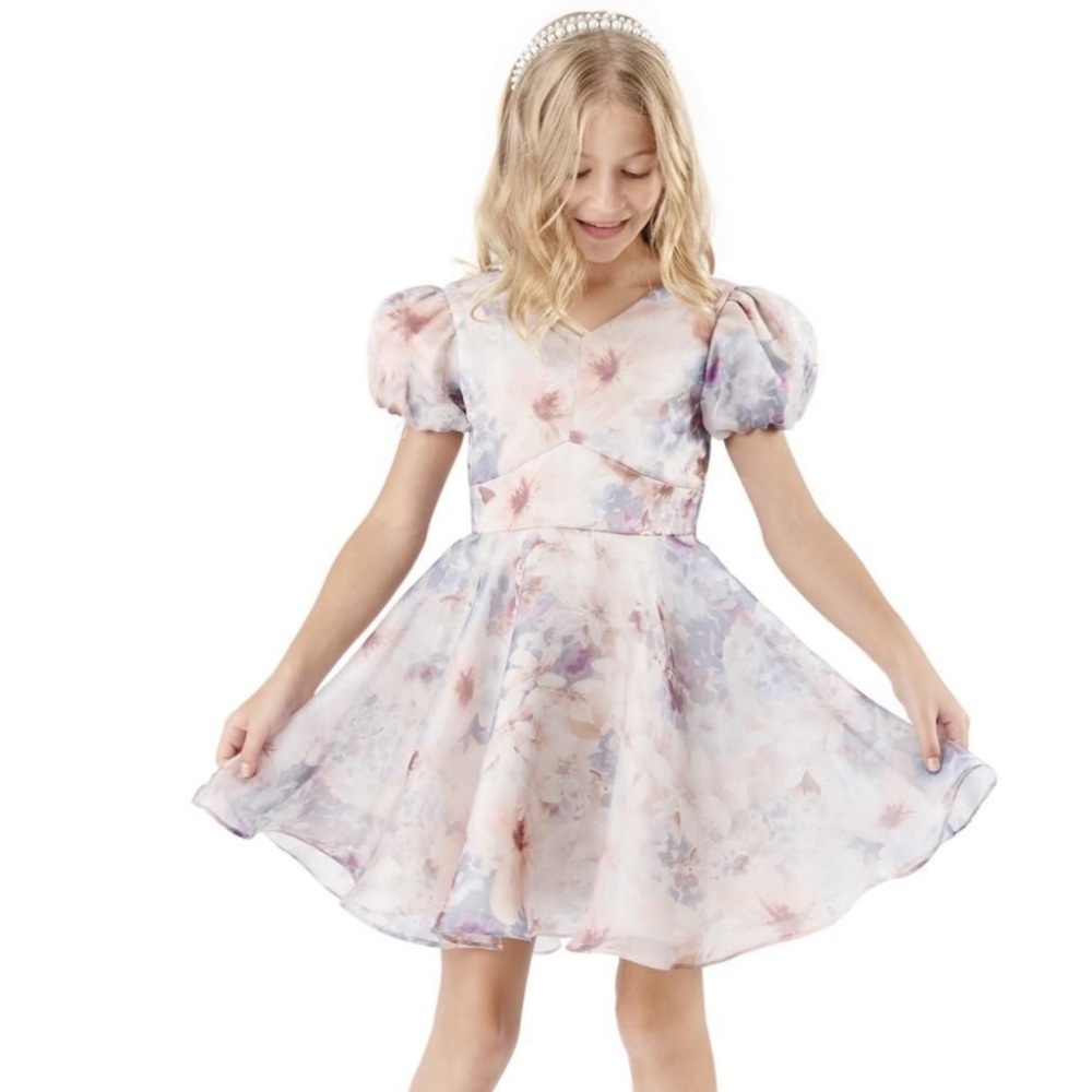 Rare Editions Organza Floral Puff Sleeve Social Special Occasion Dress Size 8